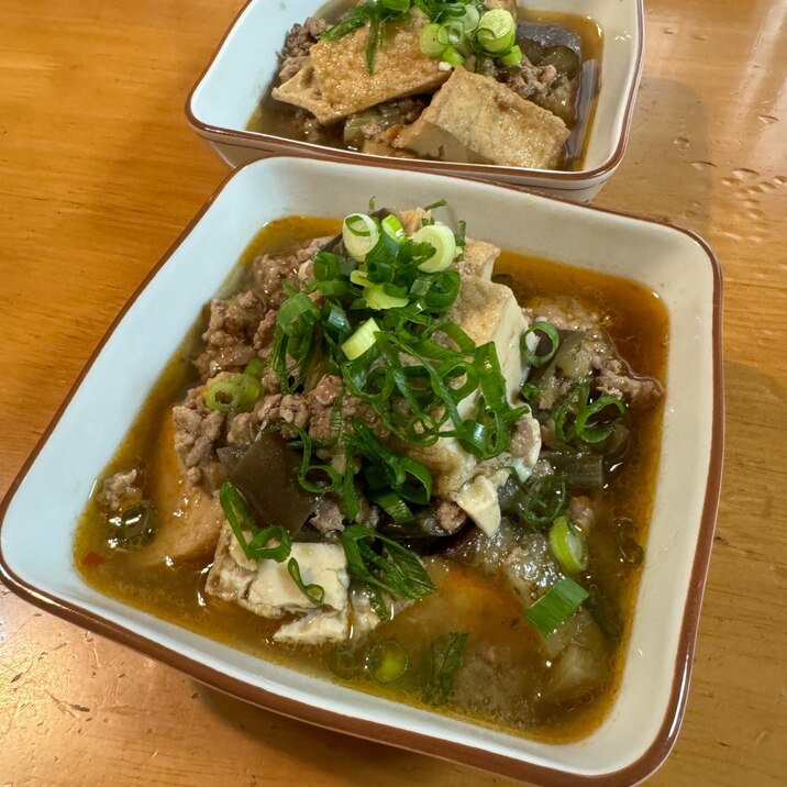 茄子トロトロ、揚げとそぼろのピリッと甘辛旨煮
